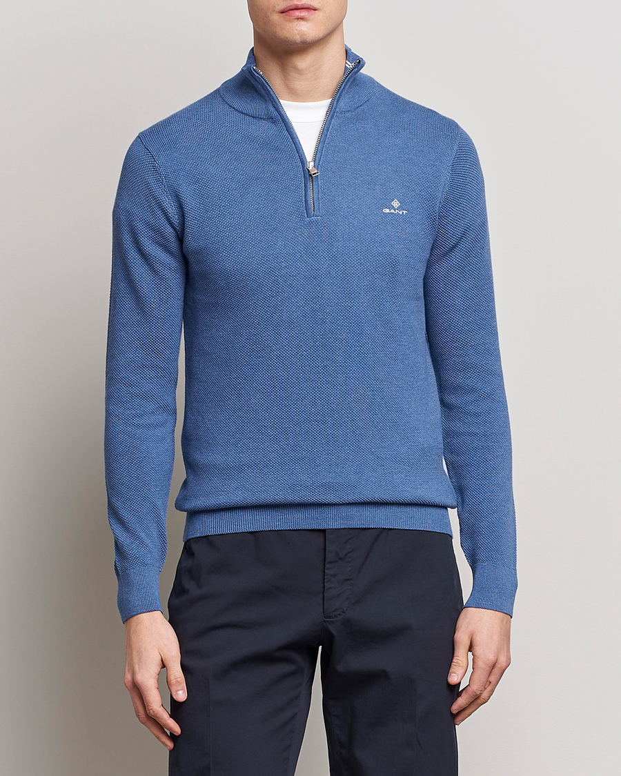 Herre | Half-zip | GANT | Cotton Pique Half-Zip Sweater Denim Blue Melange
