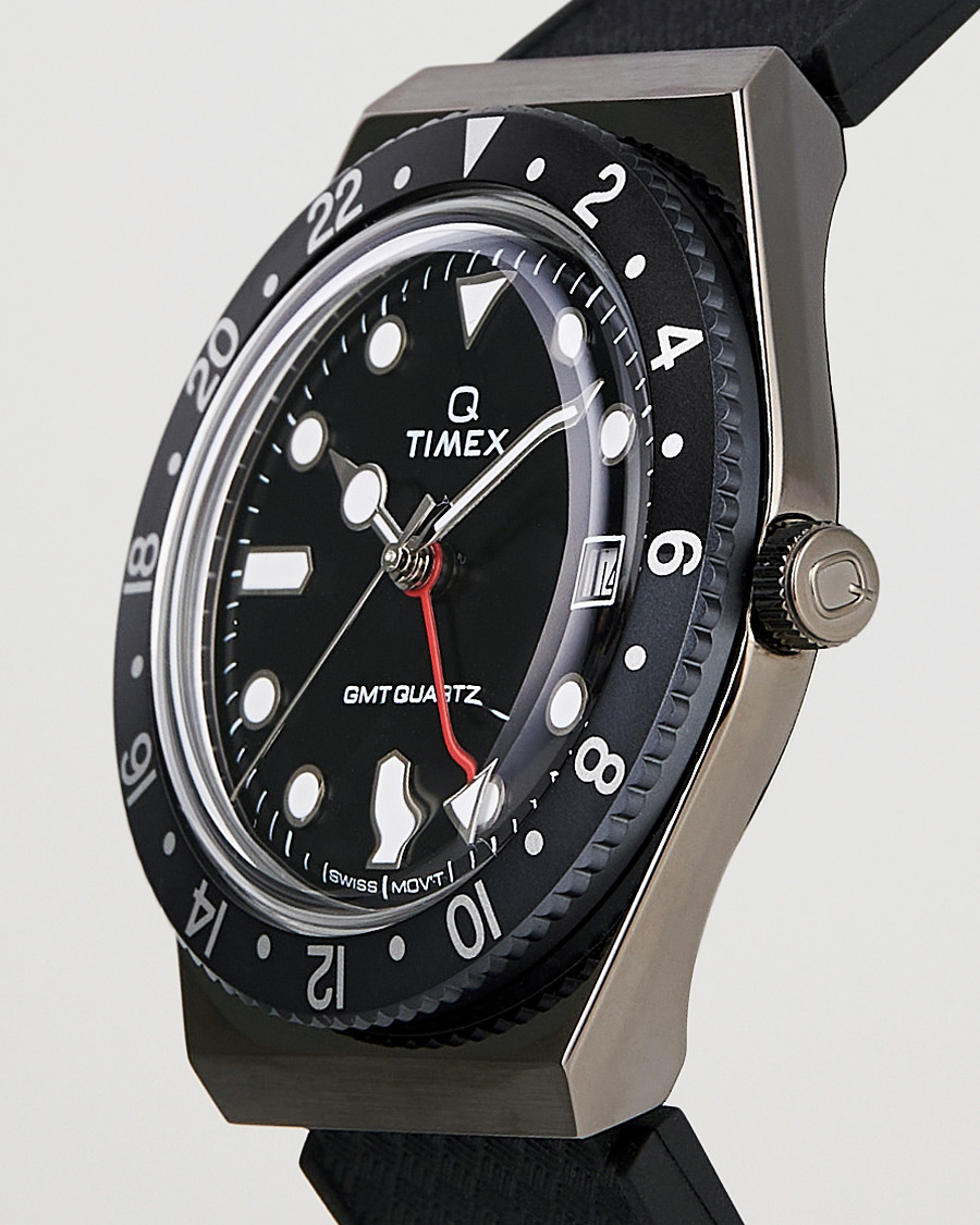 Herre | Ure | Timex | Q Diver GMT 38mm Rubber Strap Black/Grey