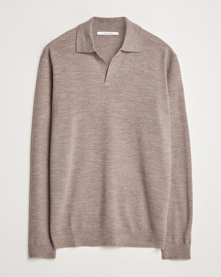Herre | Trøjer | A Day's March | Manol Open Collar Merino Polo Taupe Melange