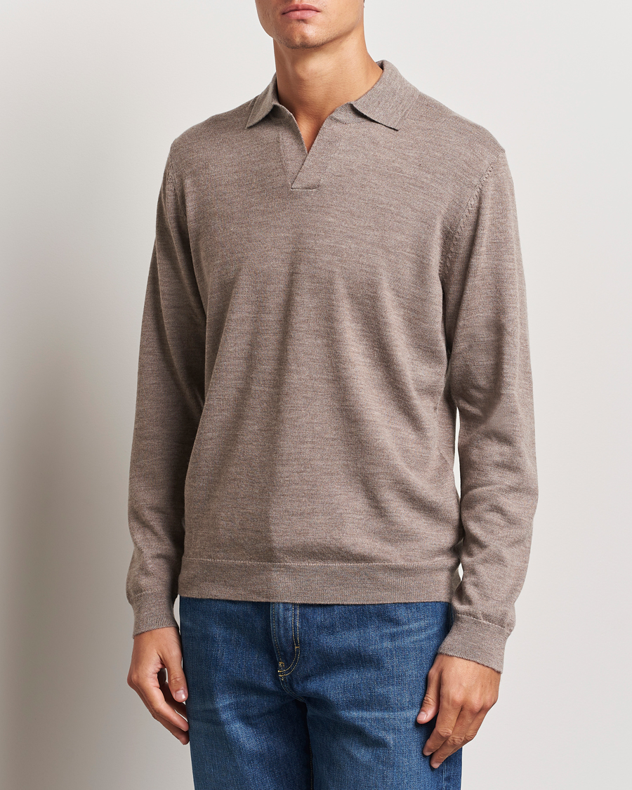 Herre | Trøjer | A Day's March | Manol Open Collar Merino Polo Taupe Melange