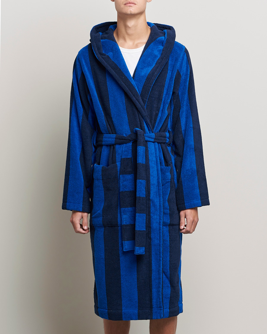 Herre | Pyjamas & Morgenkåber | Tekla | Organic Terry Hooded Bathrobe Navy Block Stripes