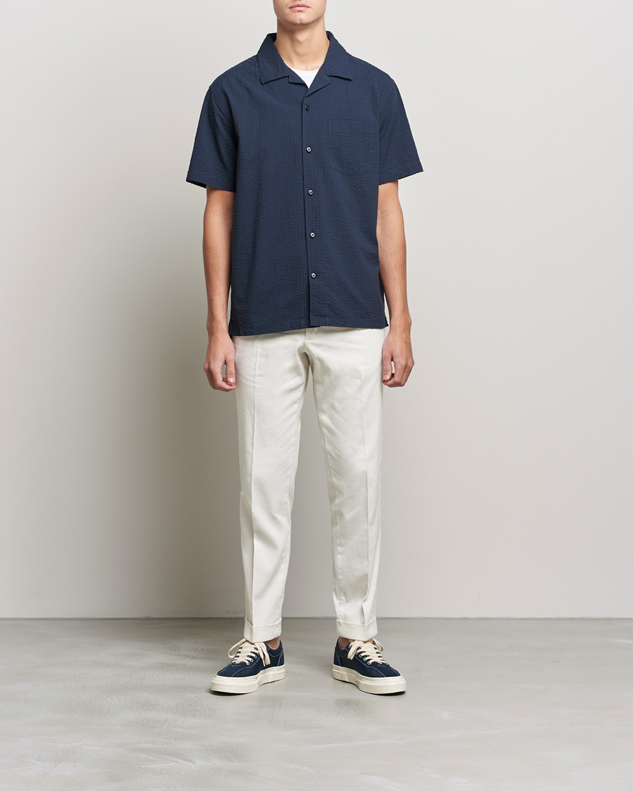 Herre | Kortærmede skjorter | J.Lindeberg | Elio Seersucker Short Sleeve Shirt Navy