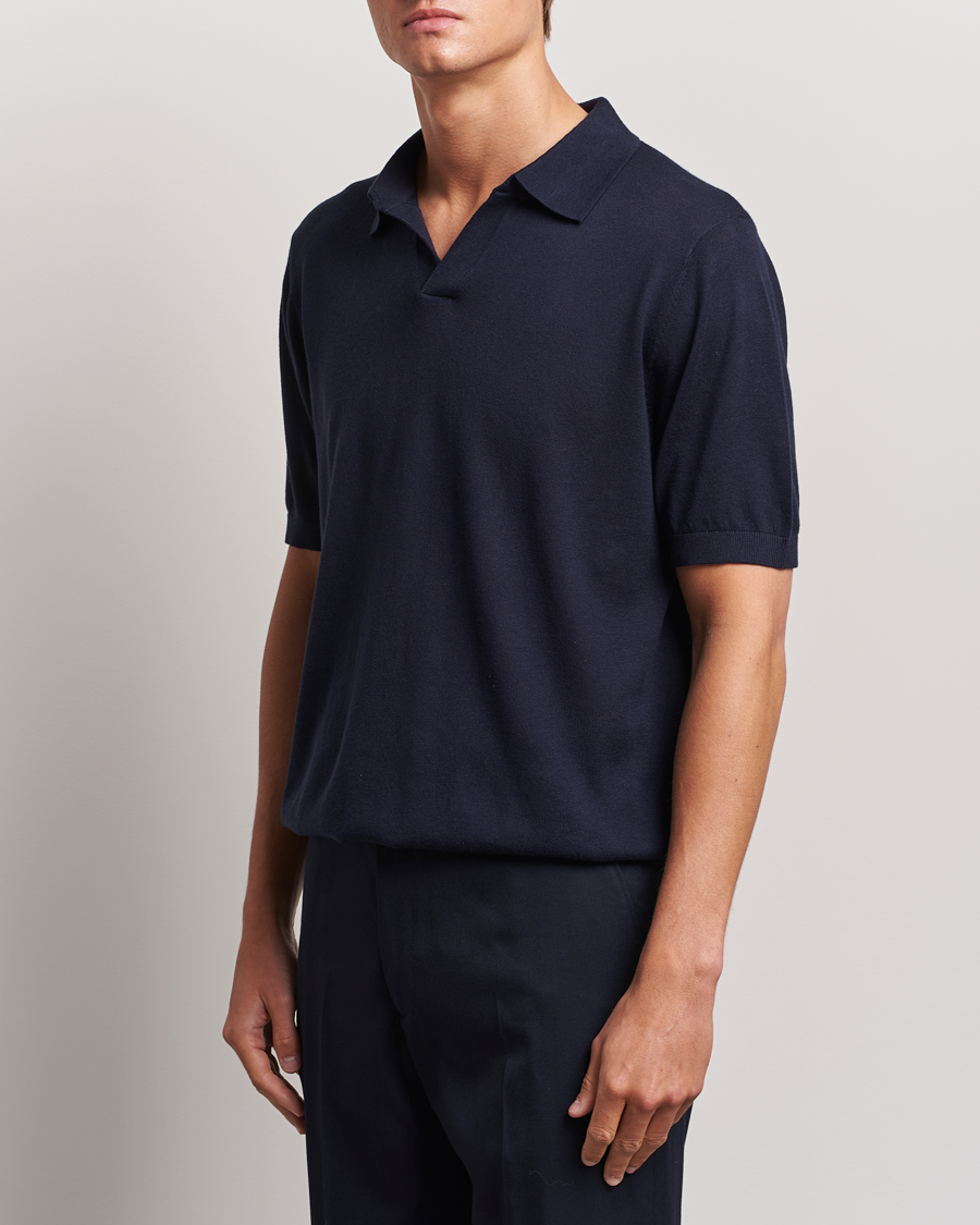 Herre | Polotrøjer | A Day's March | Ebro Cotton/Merino Open Collar Polo Navy