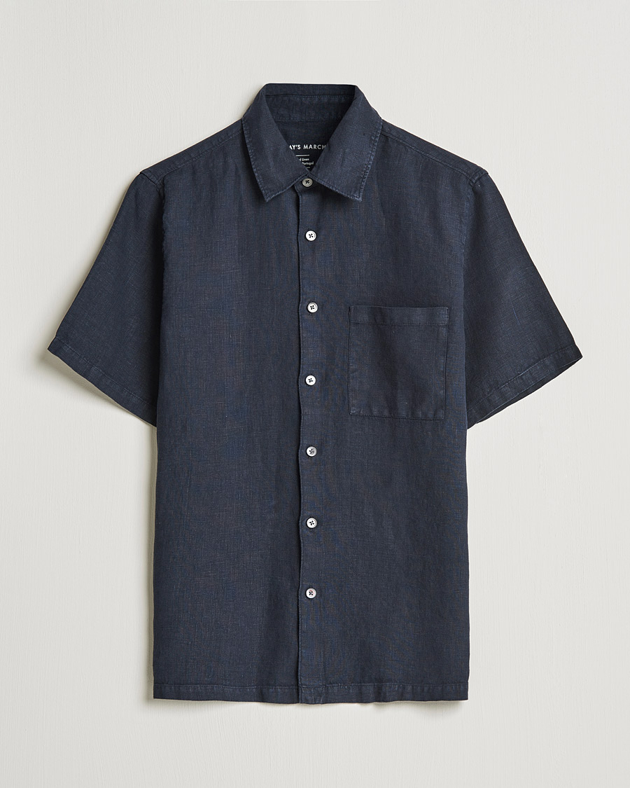 Herre | Kortærmede skjorter | A Day's March | Khito Short Sleeve Linen Shirt Dark Navy