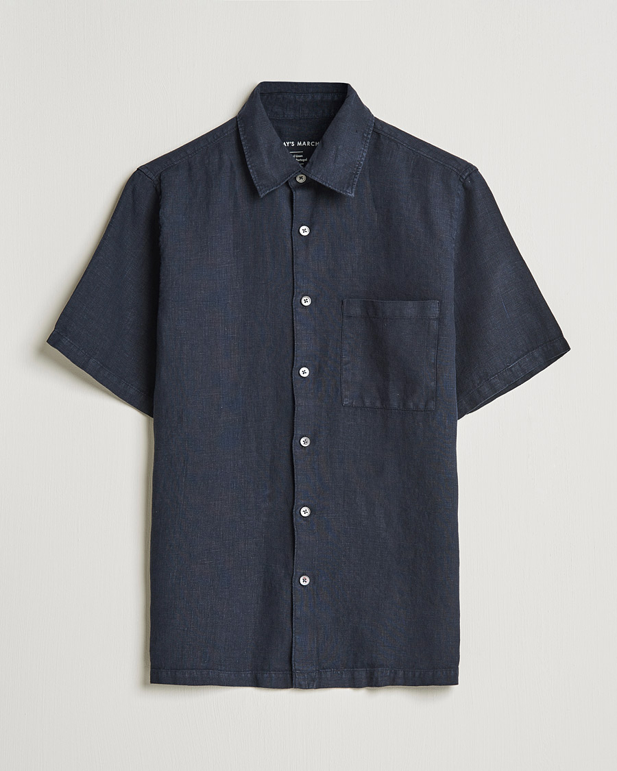 Herre | Skjorter | A Day's March | Khito Short Sleeve Linen Shirt Dark Navy