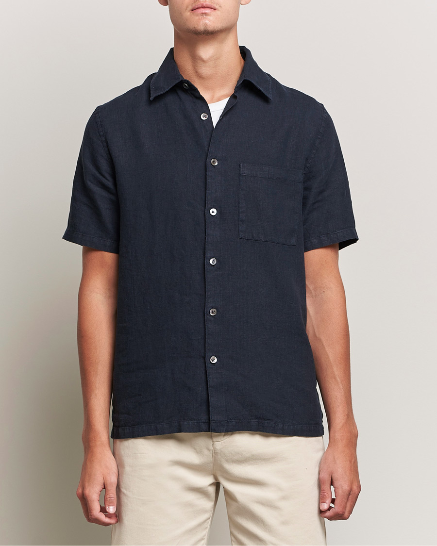 Herre | Skjorter | A Day's March | Khito Short Sleeve Linen Shirt Dark Navy