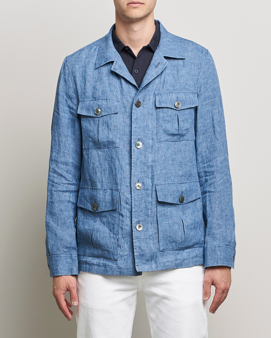 Herre | Skjorter | Oscar Jacobson | Safari Linen Shirt Jacket Smog Blue