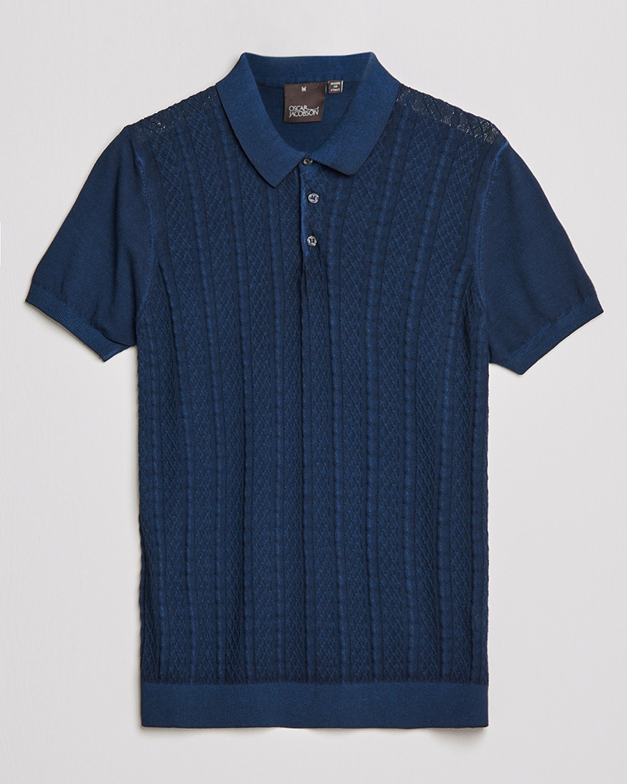 Herre | Polotrøjer | Oscar Jacobson | Bard Knitted Cotton Crepe Polo Washed Blue
