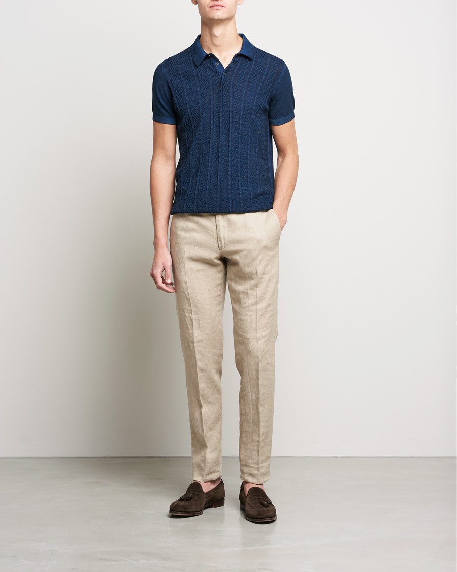 Herre | Polotrøjer | Oscar Jacobson | Bard Knitted Cotton Crepe Polo Washed Blue