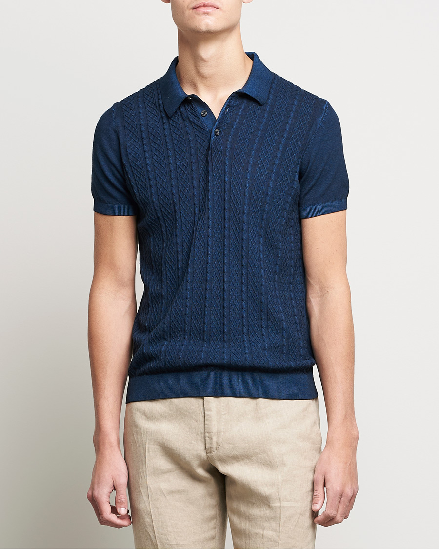 Herre | Polotrøjer | Oscar Jacobson | Bard Knitted Cotton Crepe Polo Washed Blue