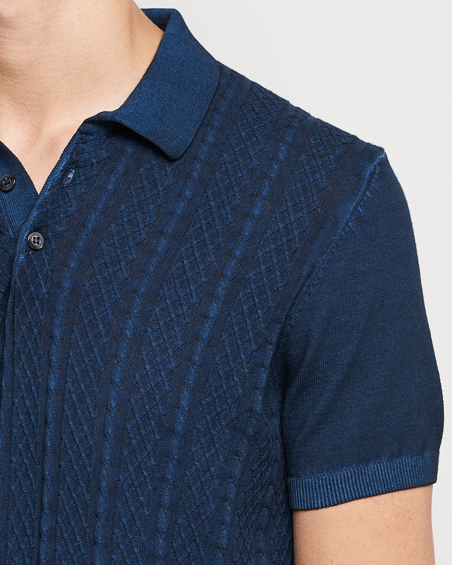 Herre | Polotrøjer | Oscar Jacobson | Bard Knitted Cotton Crepe Polo Washed Blue