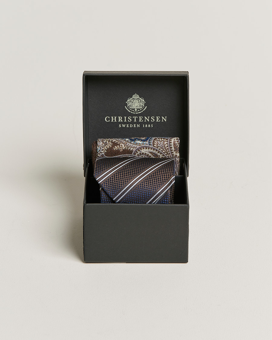 Herre | Slips | Amanda Christensen | Box Set Silk Striped Tie And Wool Pocket Square Brown