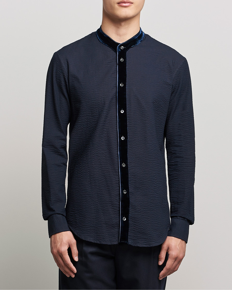 Herre | Giorgio Armani | Giorgio Armani | Seersucker Velvet Guru Collar Shirt Navy