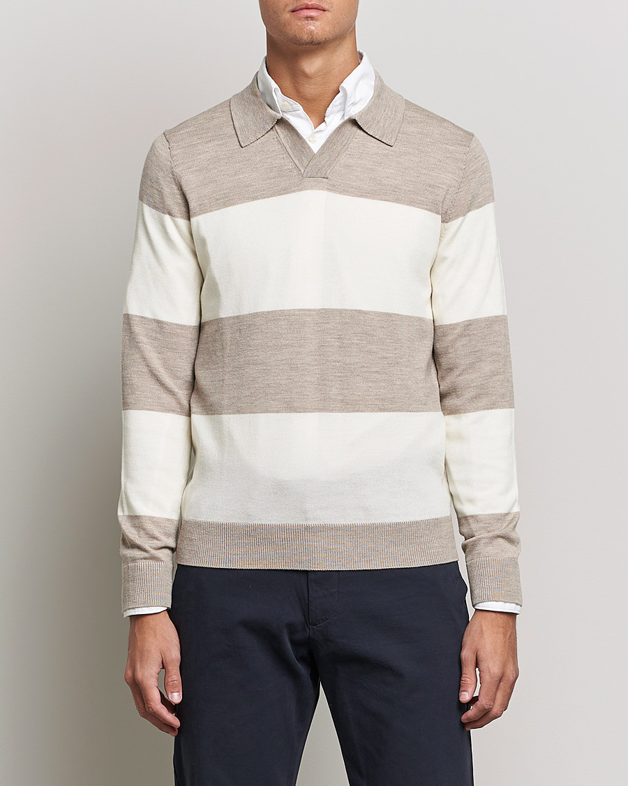 Herre | Strikkede polotrøjer | Morris | Delon Merino Knitted Polo Shirt Beige/White