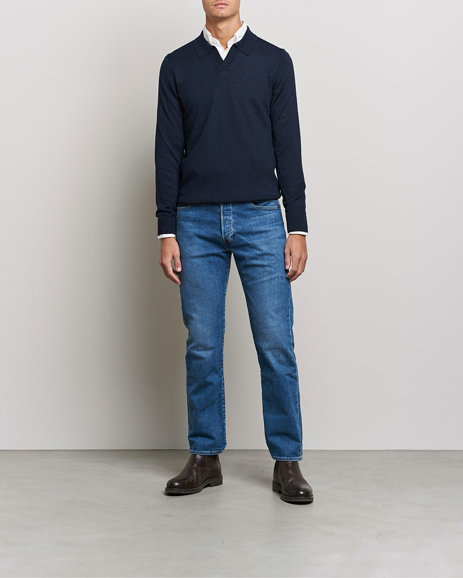 Herre | Trøjer | Morris | Delon Merino Knitted Polo Shirt Navy