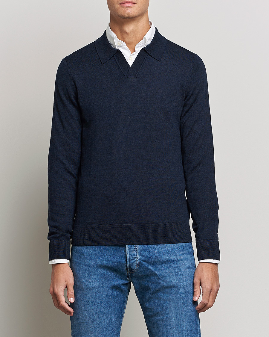 Herre | Trøjer | Morris | Delon Merino Knitted Polo Shirt Navy
