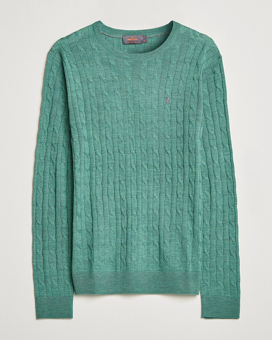 Herre | Trøjer | Morris | Merino Cable Crew Neck Pullover Mineral Green