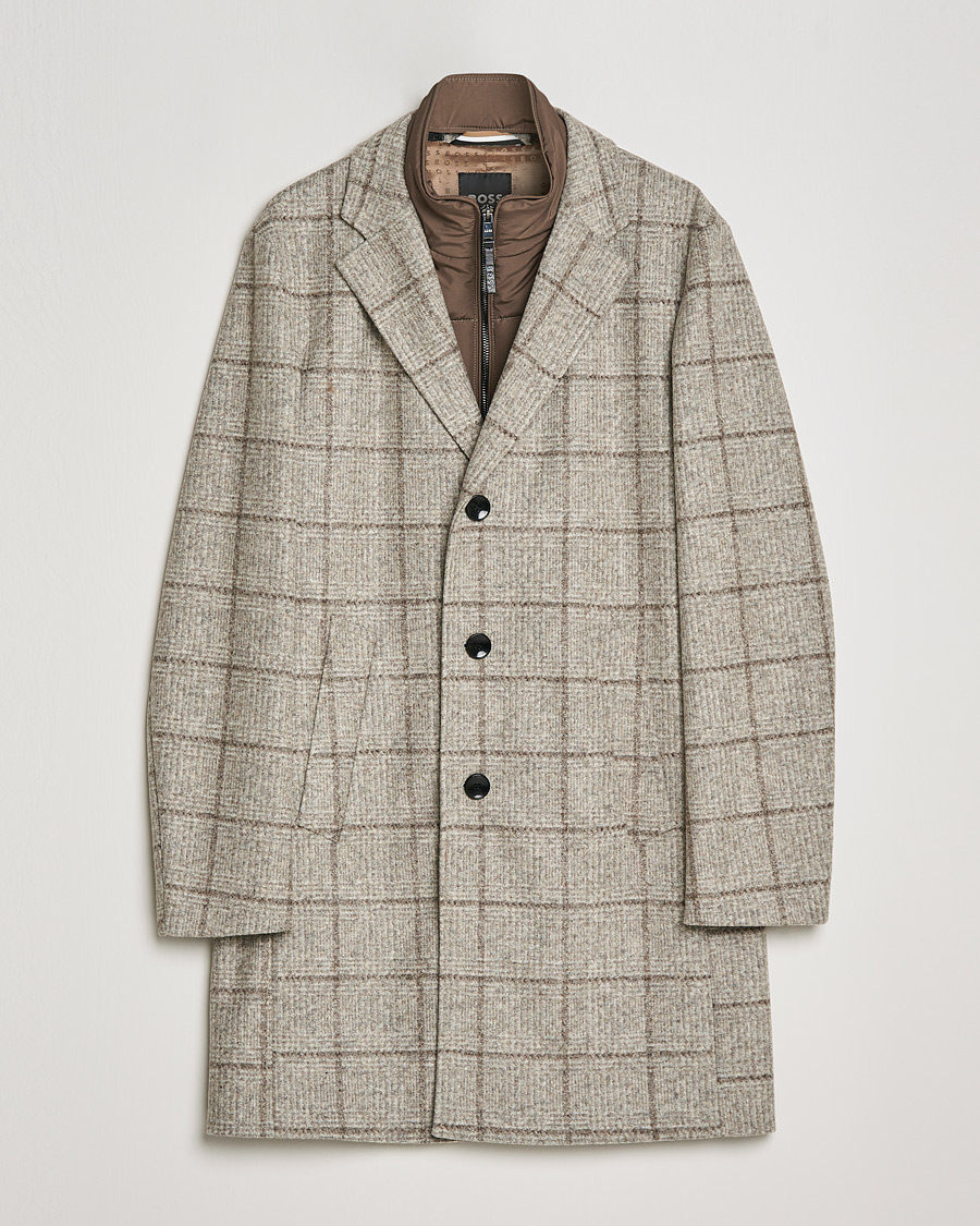 Herre | Jakker | BOSS BLACK | BOSS Hyde Wool Checked Stand Up Collar Coat Medium Beige
