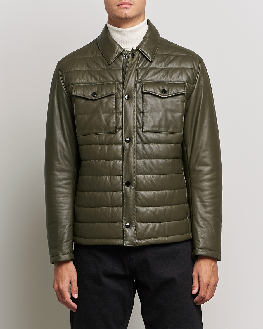 Herre | Læderjakker | BOSS | Milted Padded Leather Jacket Open Green