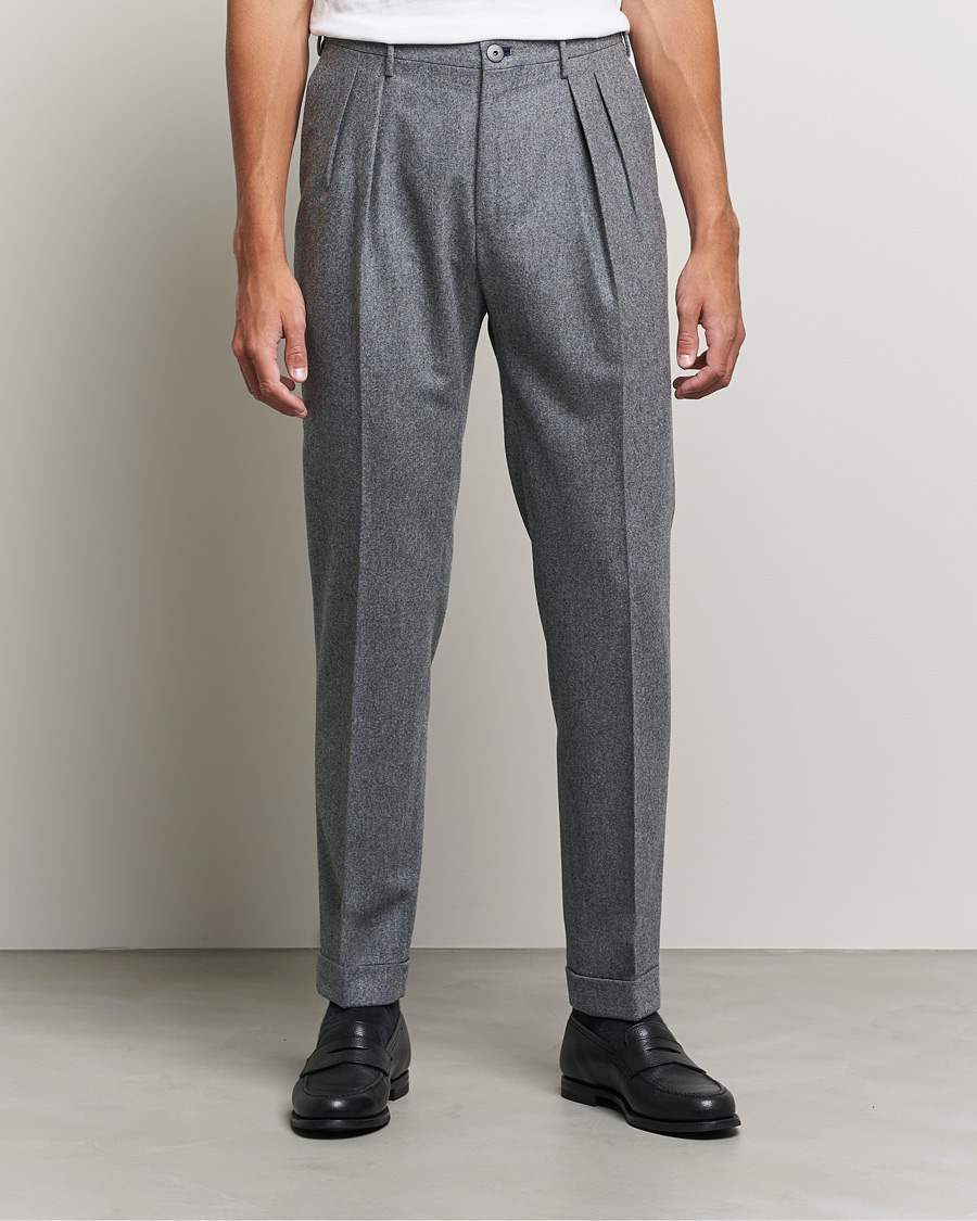 Herre | Flannelsbukser | Incotex | Pleated Flannel Trousers Grey Melange