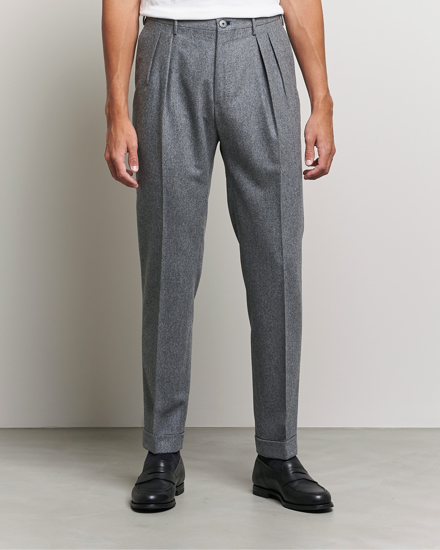 Herre | Bukser | Incotex | Pleated Flannel Trousers Grey Melange