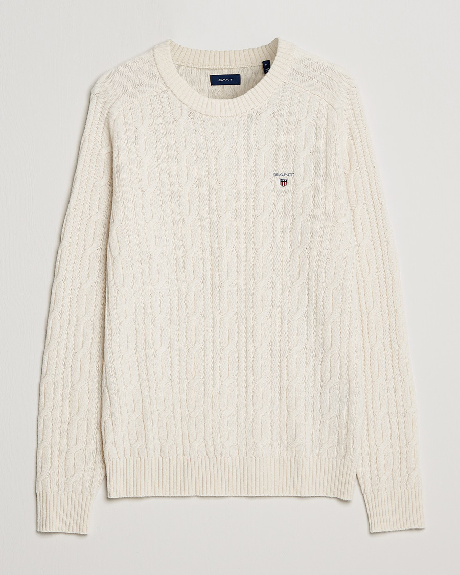 Herre | Trøjer | GANT | Lambswool Cable Crew Neck Pullover Cream