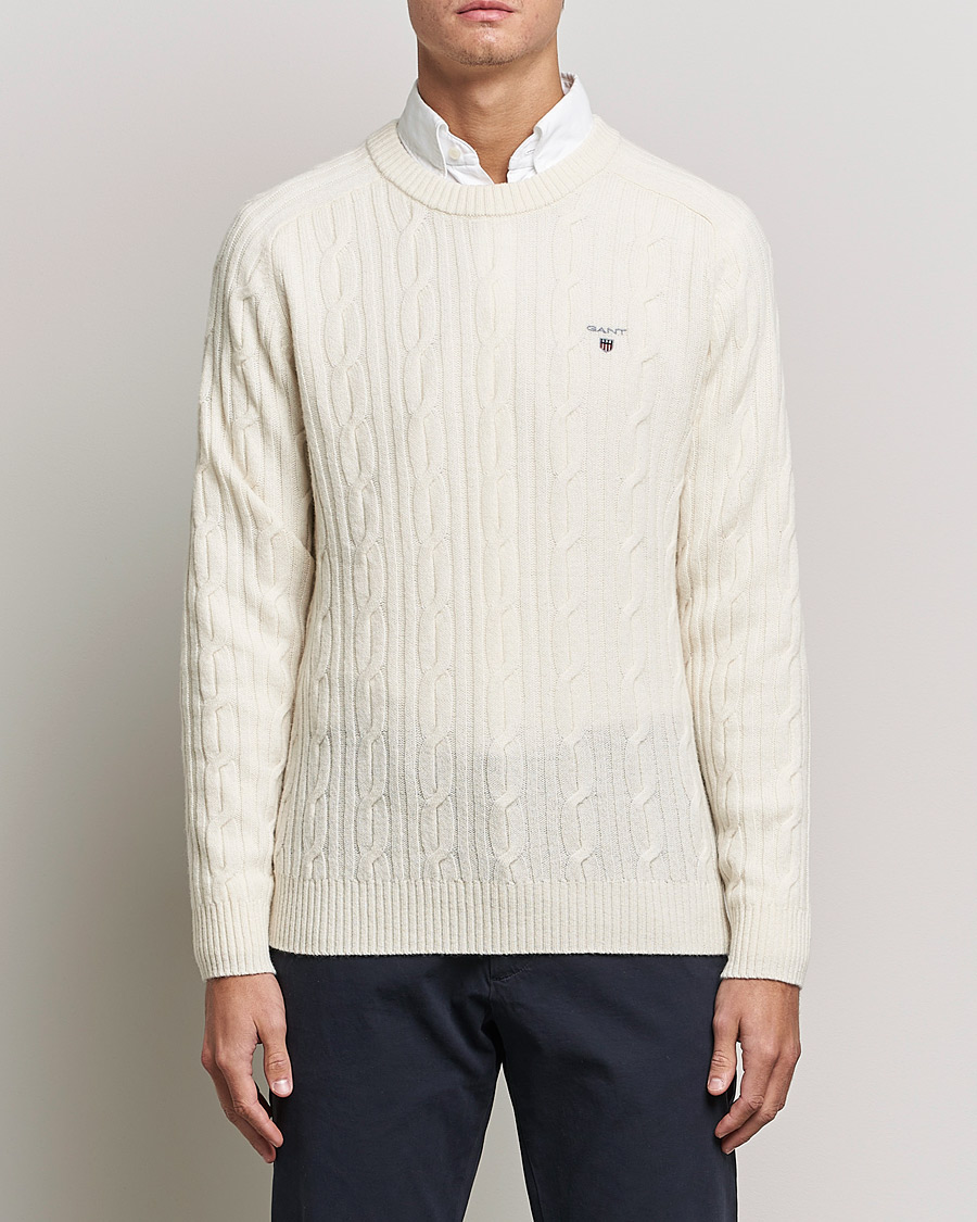 Herre | Trøjer | GANT | Lambswool Cable Crew Neck Pullover Cream
