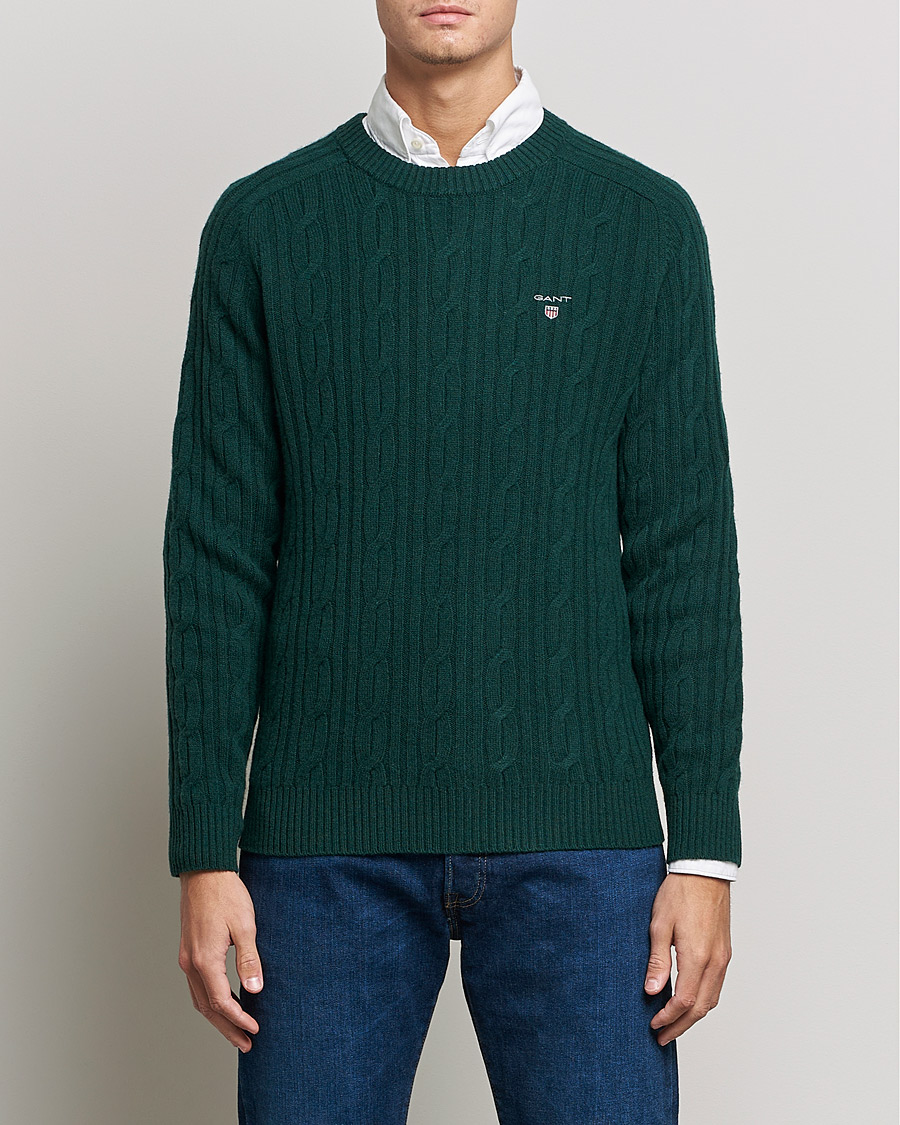 Herre | Pullovers med rund hals | GANT | Lambswool Cable Crew Neck Pullover Tartan Green