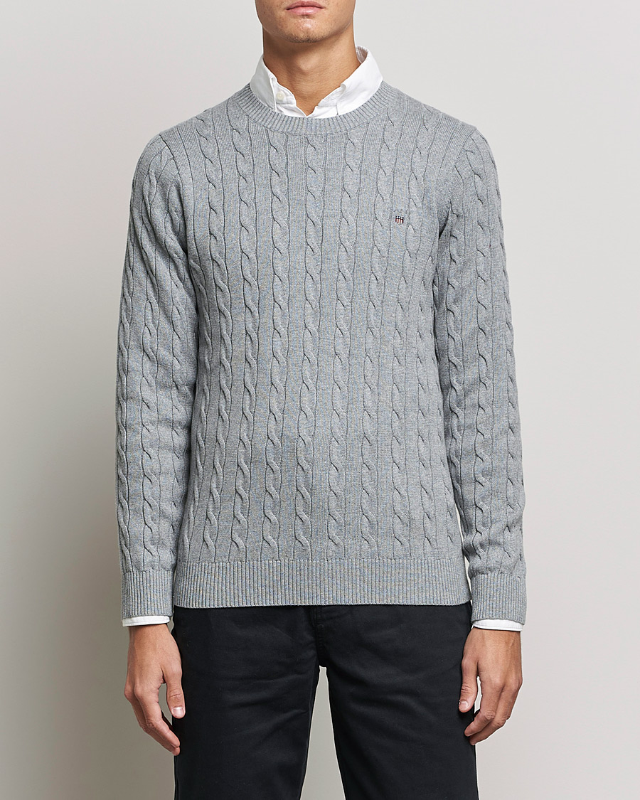 Herre | Pullovers med rund hals | GANT | Cotton Cable Crew Neck Pullover Grey Melange