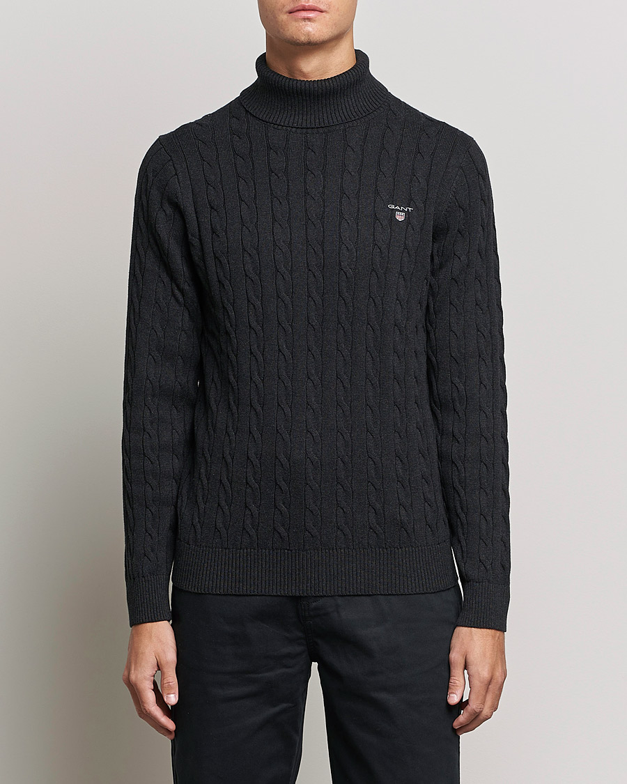 Herre | Trøjer | GANT | Cotton Cable Turtleneck Dark Charcoal Melange