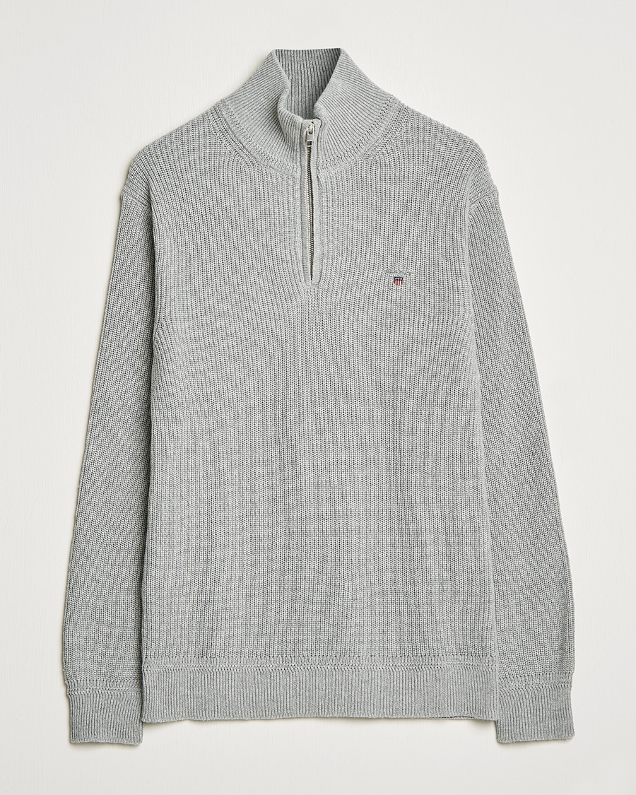 Herre | Trøjer | GANT | Cotton/Wool Ribbed Half Zip Sweater Grey Melange