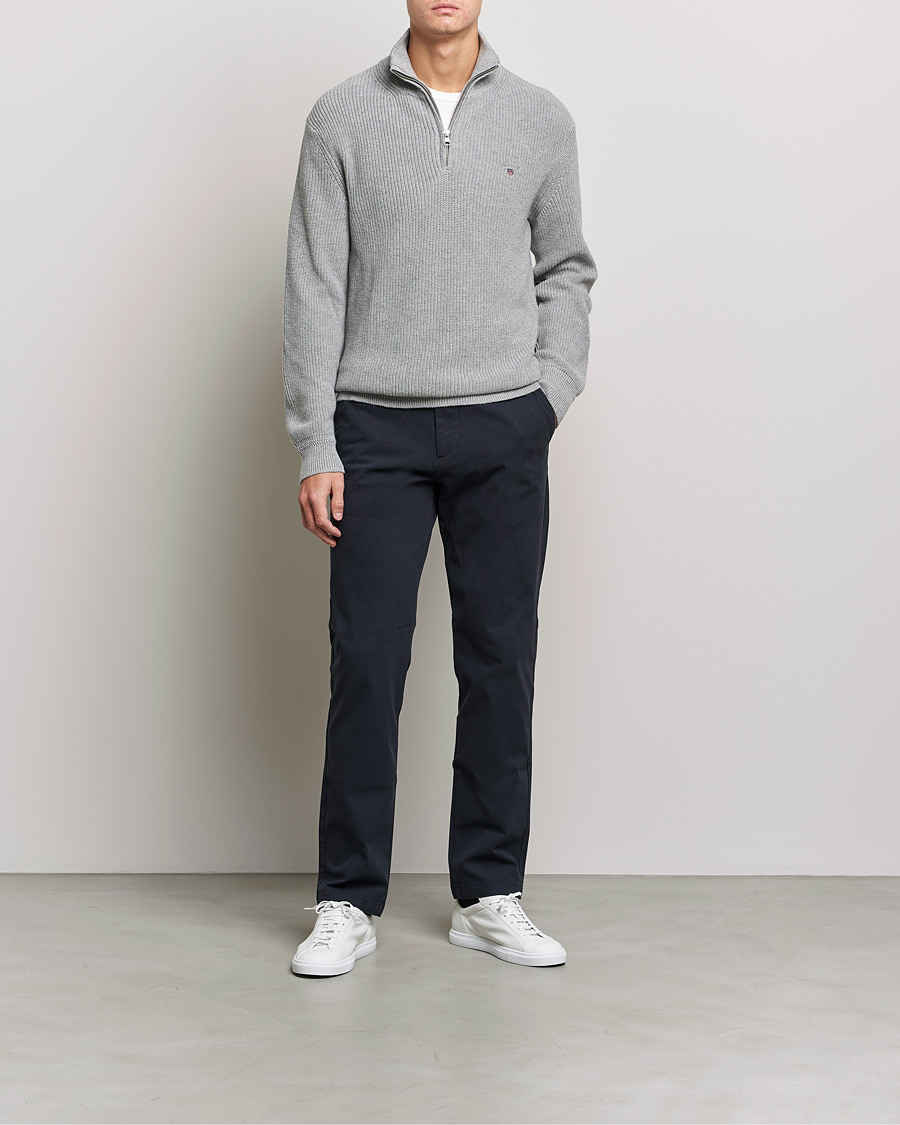 Herre | Trøjer | GANT | Cotton/Wool Ribbed Half Zip Sweater Grey Melange