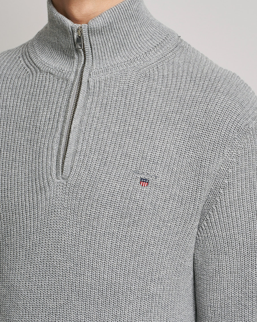 Herre | Trøjer | GANT | Cotton/Wool Ribbed Half Zip Sweater Grey Melange