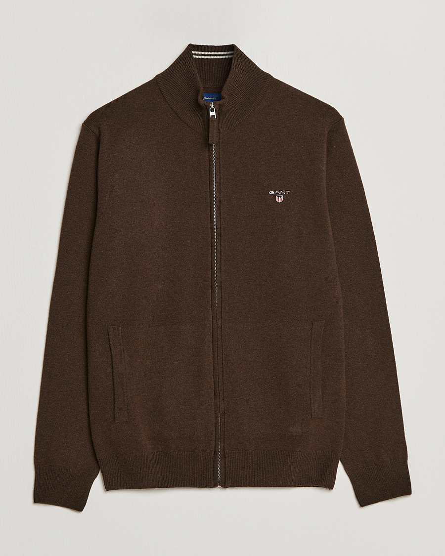 Herre | Trøjer | GANT | Lambswool Full Zip Dark Brown Melange