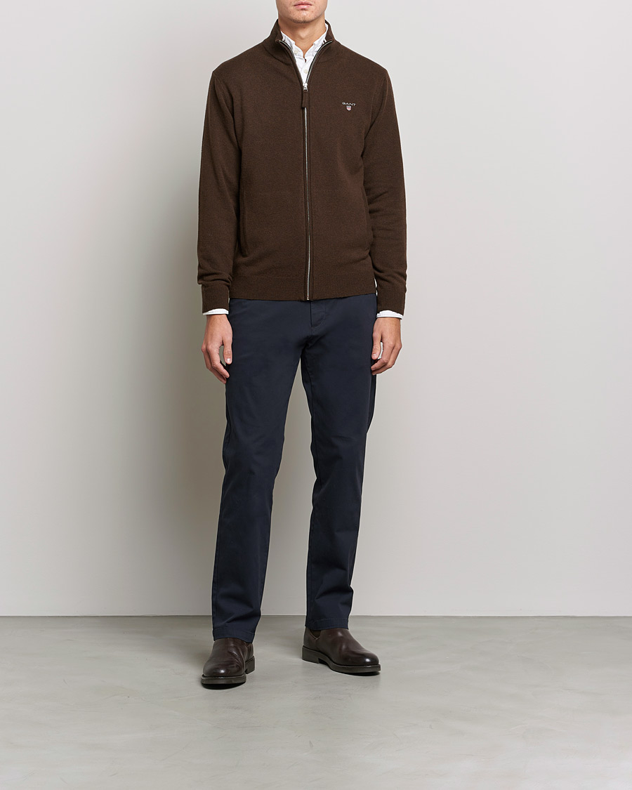Herre | Trøjer | GANT | Lambswool Full Zip Dark Brown Melange