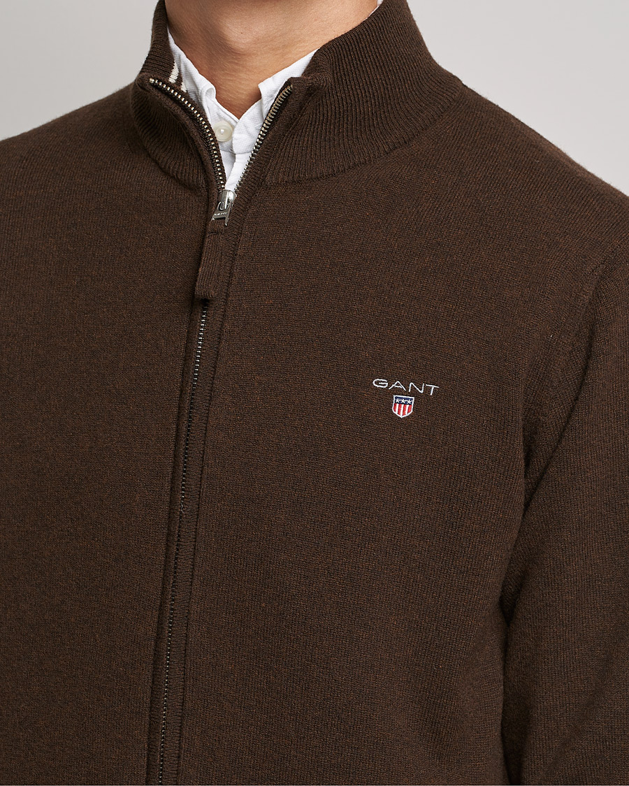 Herre | Trøjer | GANT | Lambswool Full Zip Dark Brown Melange