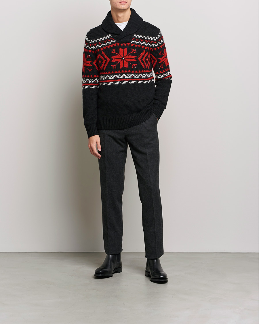 Herre | Trøjer | Ralph Lauren Purple Label | Cashmere Jacquard Shawl Sweater Black/Red