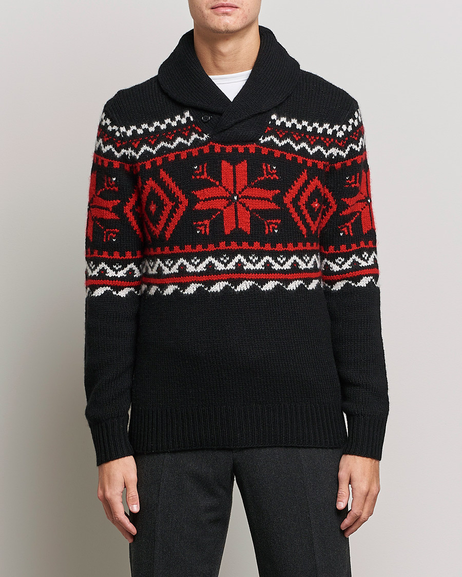Herre | Trøjer | Ralph Lauren Purple Label | Cashmere Jacquard Shawl Sweater Black/Red