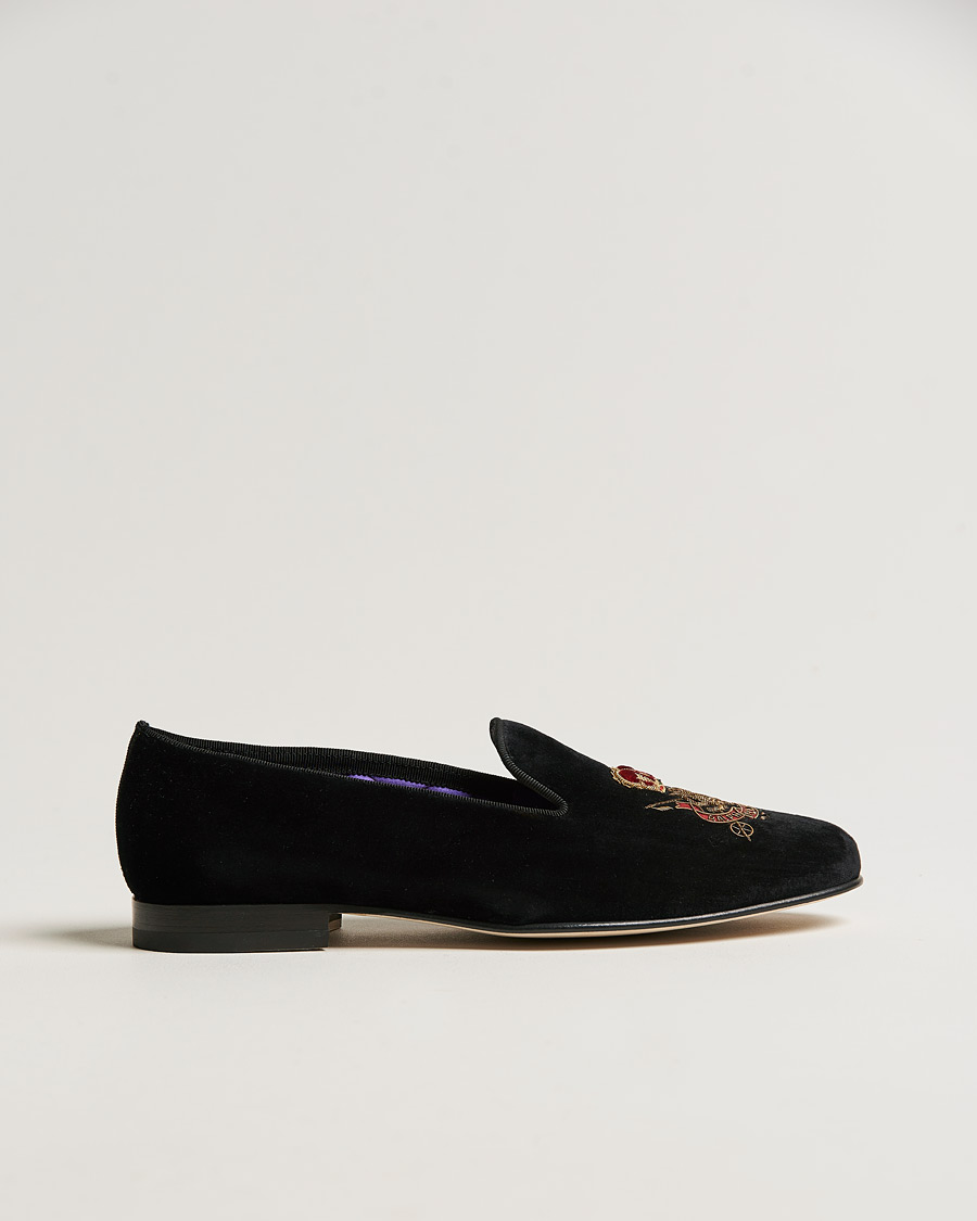 Herre | Ralph Lauren Purple Label Velvet Embroidered Slippers Black | Ralph Lauren Purple Label | Velvet Embroidered Slippers Black