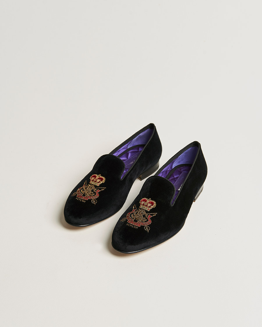 Herre | Ralph Lauren Purple Label Velvet Embroidered Slippers Black | Ralph Lauren Purple Label | Velvet Embroidered Slippers Black