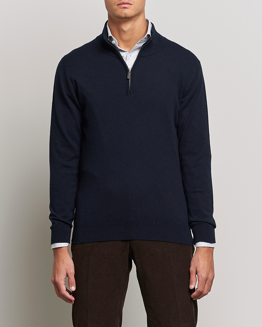 Herre | Trøjer | Johnstons of Elgin | 2-Ply Cashmer Half Zip Dark Navy