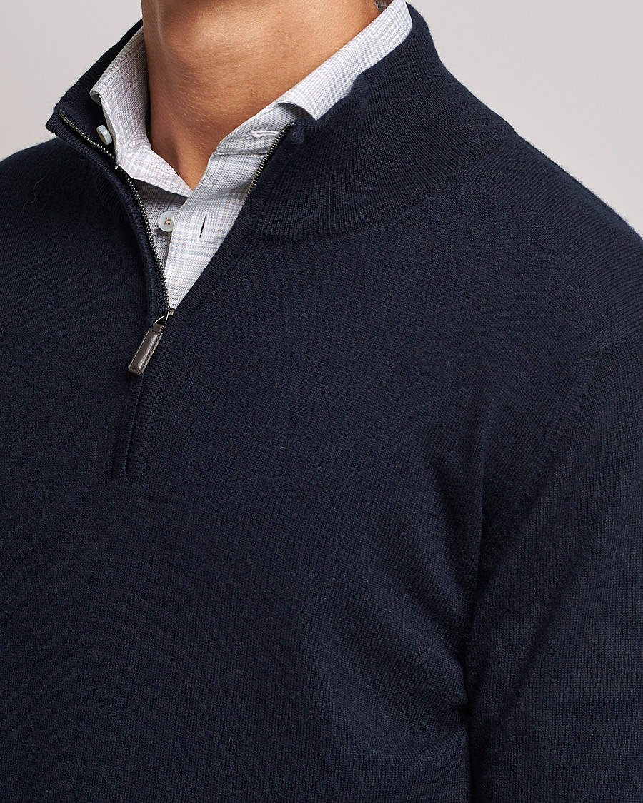 Herre | Trøjer | Johnstons of Elgin | 2-Ply Cashmer Half Zip Dark Navy