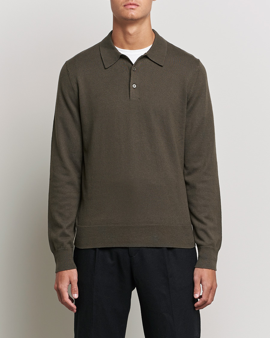 Herre | Strikkede polotrøjer | Filippa K | Cotton Merino Knitted Poloshirt Dark Forest Green