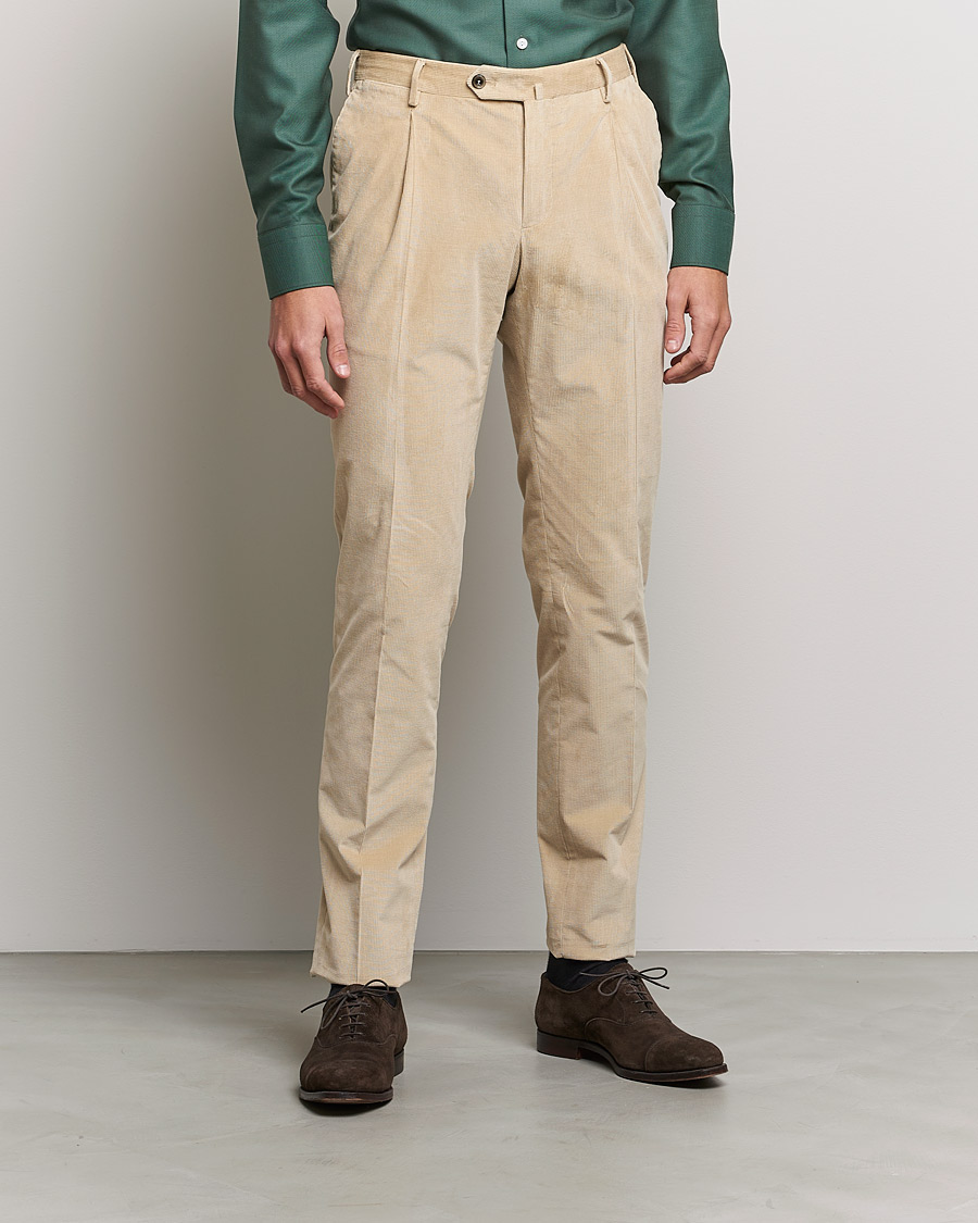 Herre | PT01 | PT01 | Slim Fit Pleated Corduroy Trousers Light Beige