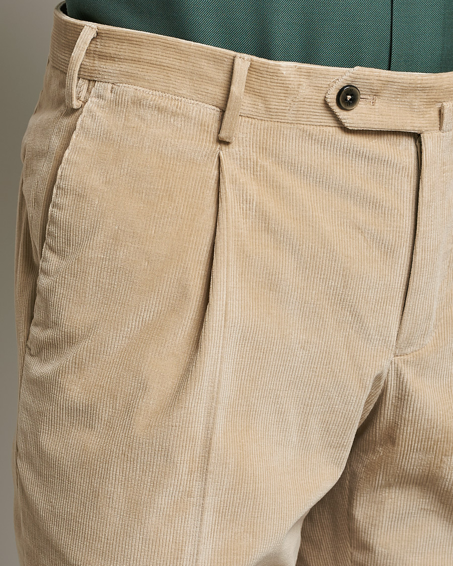 Herre | Bukser | PT01 | Slim Fit Pleated Corduroy Trousers Light Beige