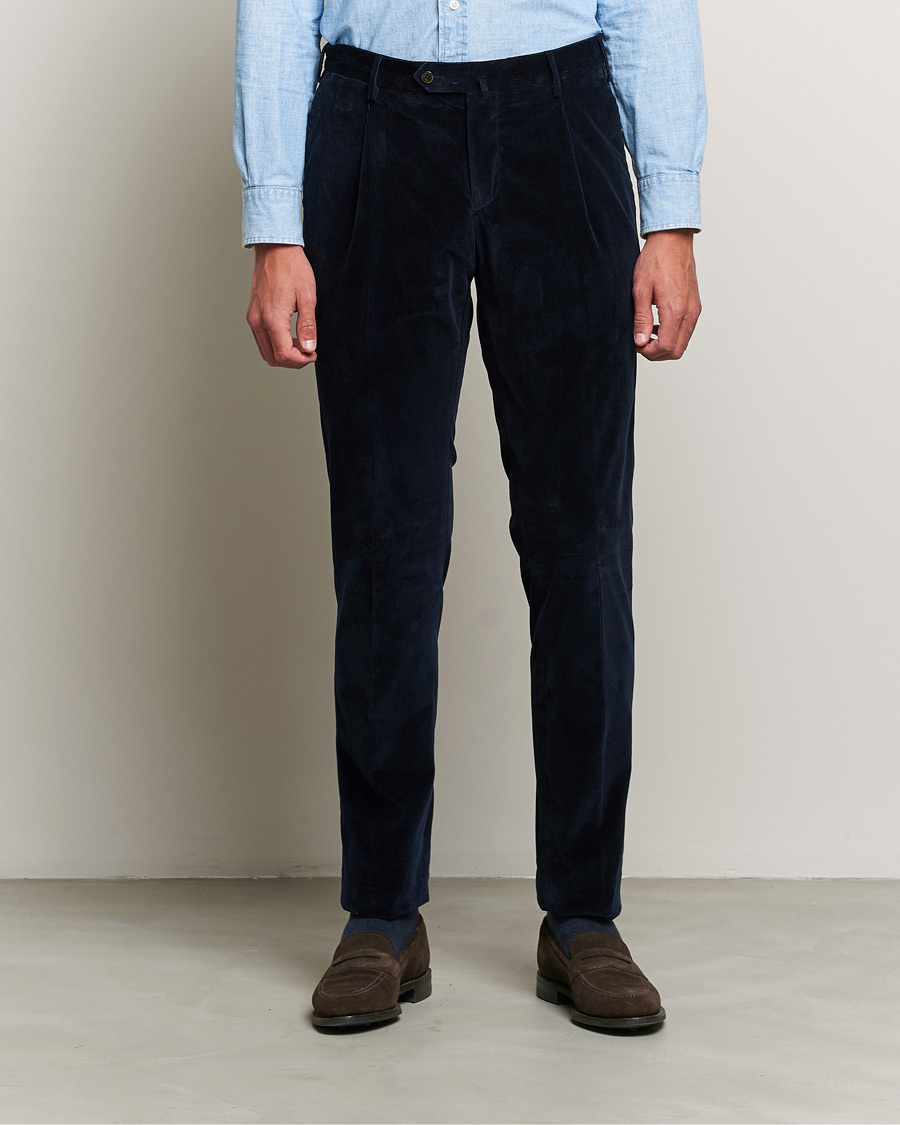 Herre | Fløjlsbukser | PT01 | Slim Fit Pleated Corduroy Trousers Navy