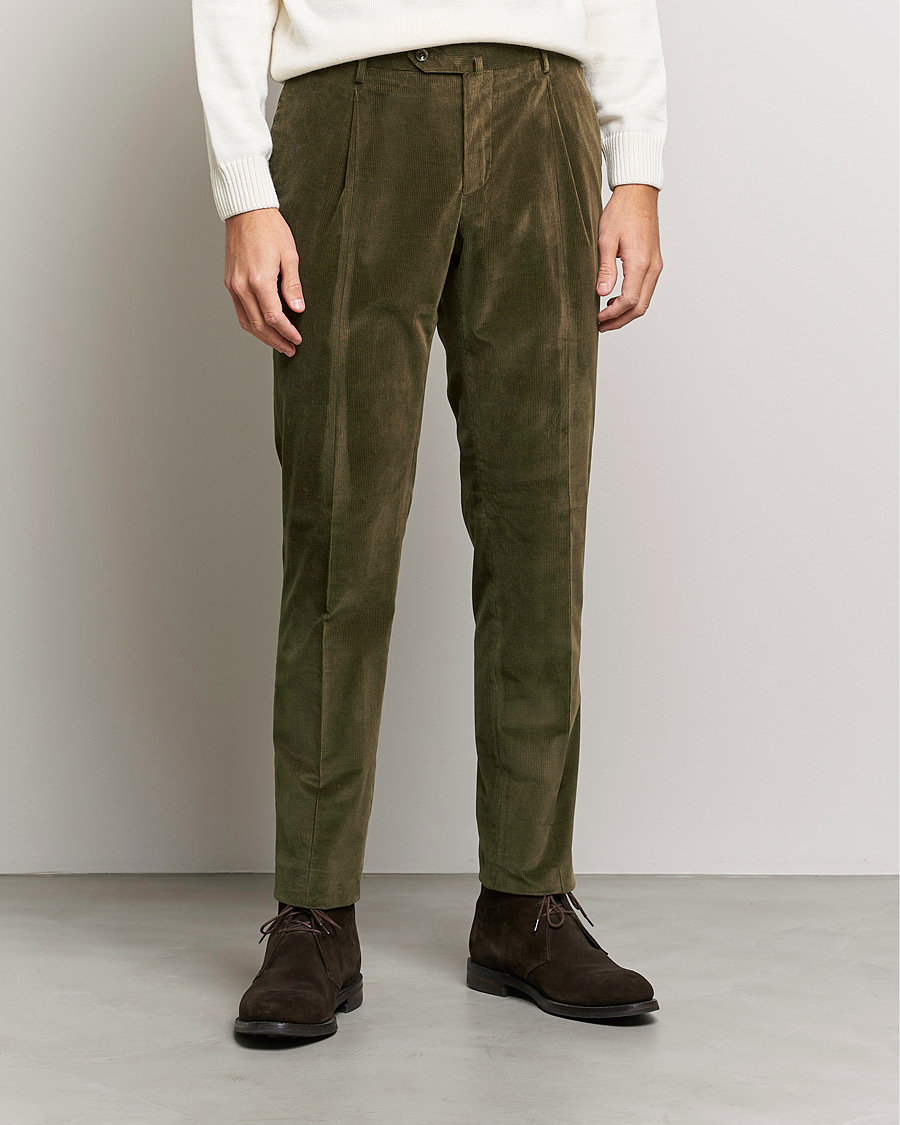 Herre | Fløjlsbukser | PT01 | Slim Fit Pleated Corduroy Trousers Forest Green