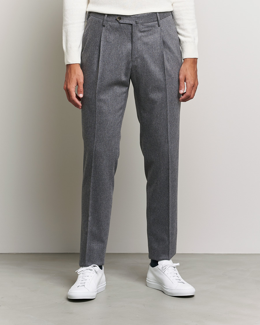 Herre | Bukser | PT01 | Slim Fit Pleated Flannel Trousers Light Grey