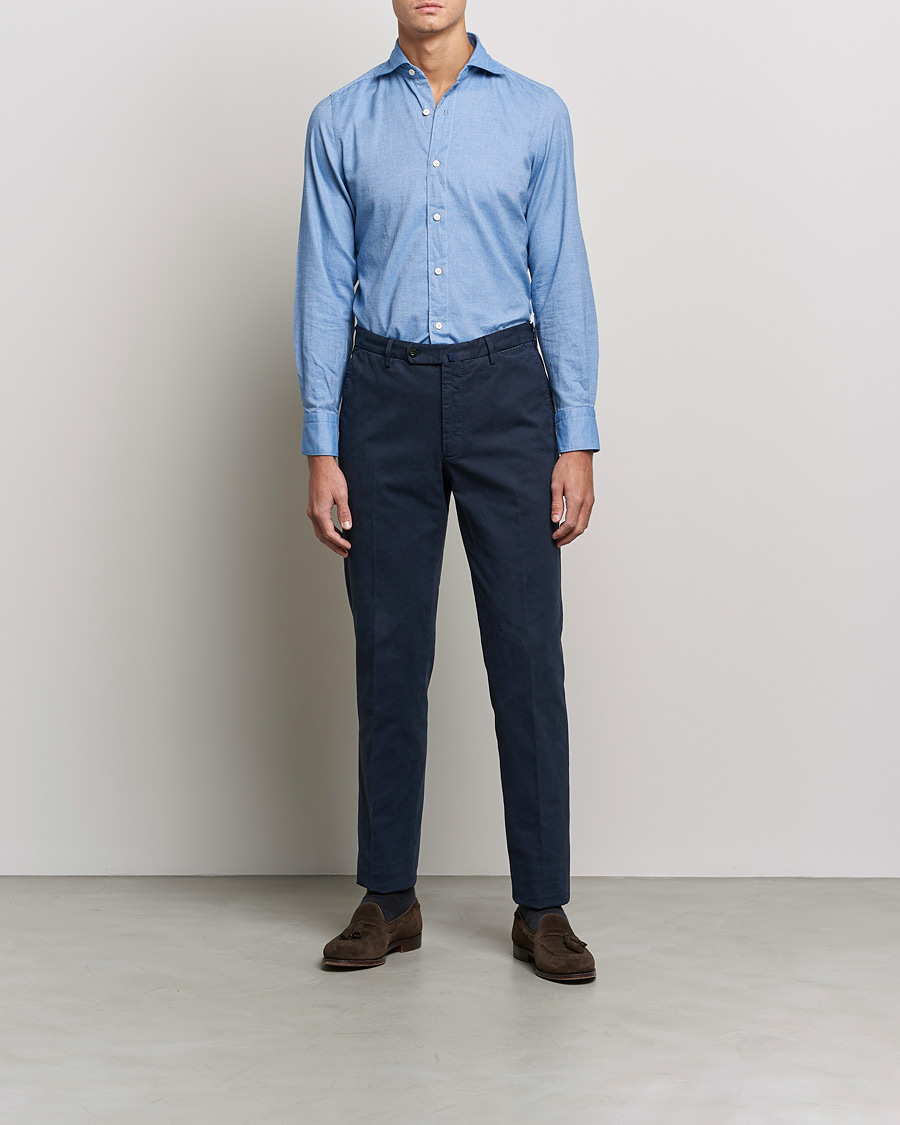 Herre | Skjorter | Finamore Napoli | Tokyo Slim Flannel Shirt Light Blue