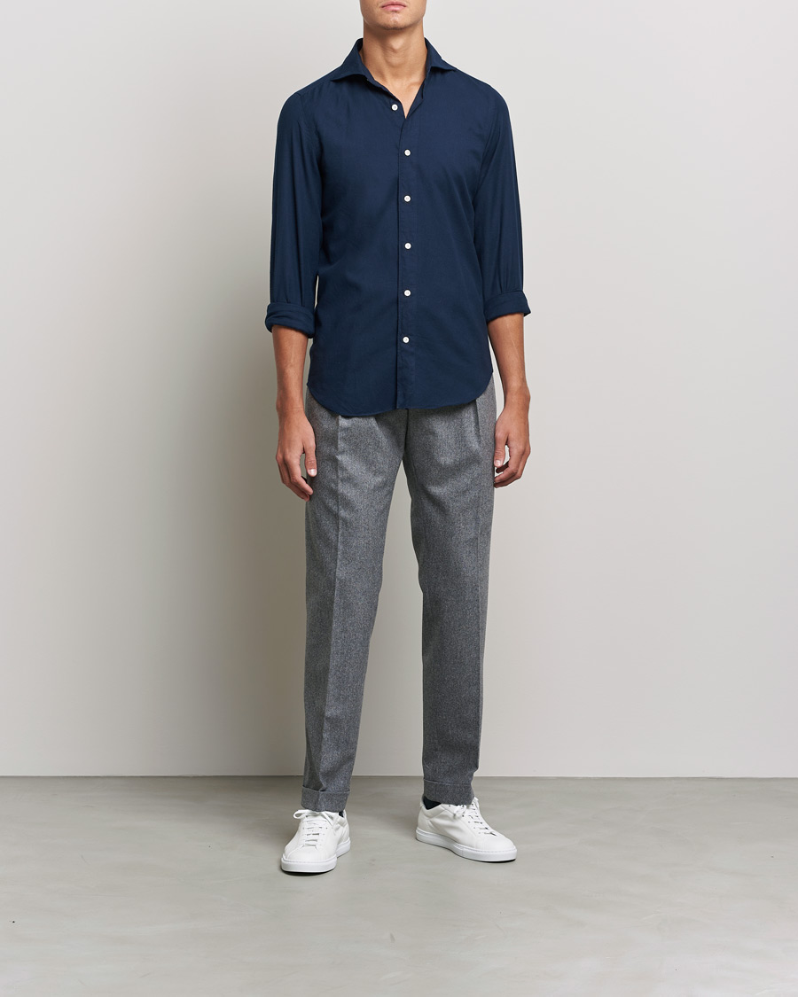 Herre | Skjorter | Finamore Napoli | Tokyo Slim Flannel Shirt Navy
